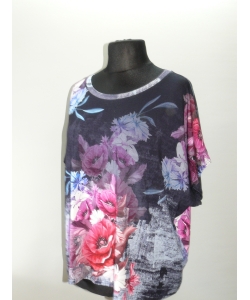 Bluzka w stylu oversize ze wzorem kolorowe kwiaty - biodra 138cm